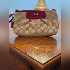 Coach Tan and Burgundy Signature Canvas Large Wristlet with Hang Tag